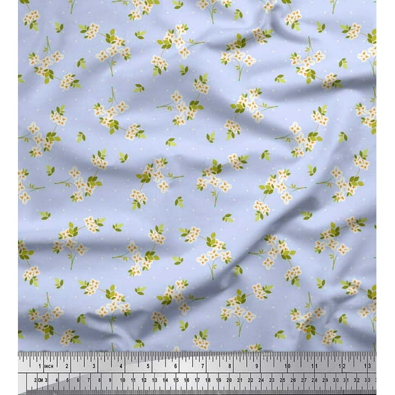 Soimoi Blue Rayon Crepe Fabric Dot,Leaves & White Flower Floral Printed Fabric 1 Yard 46 Inch Wide