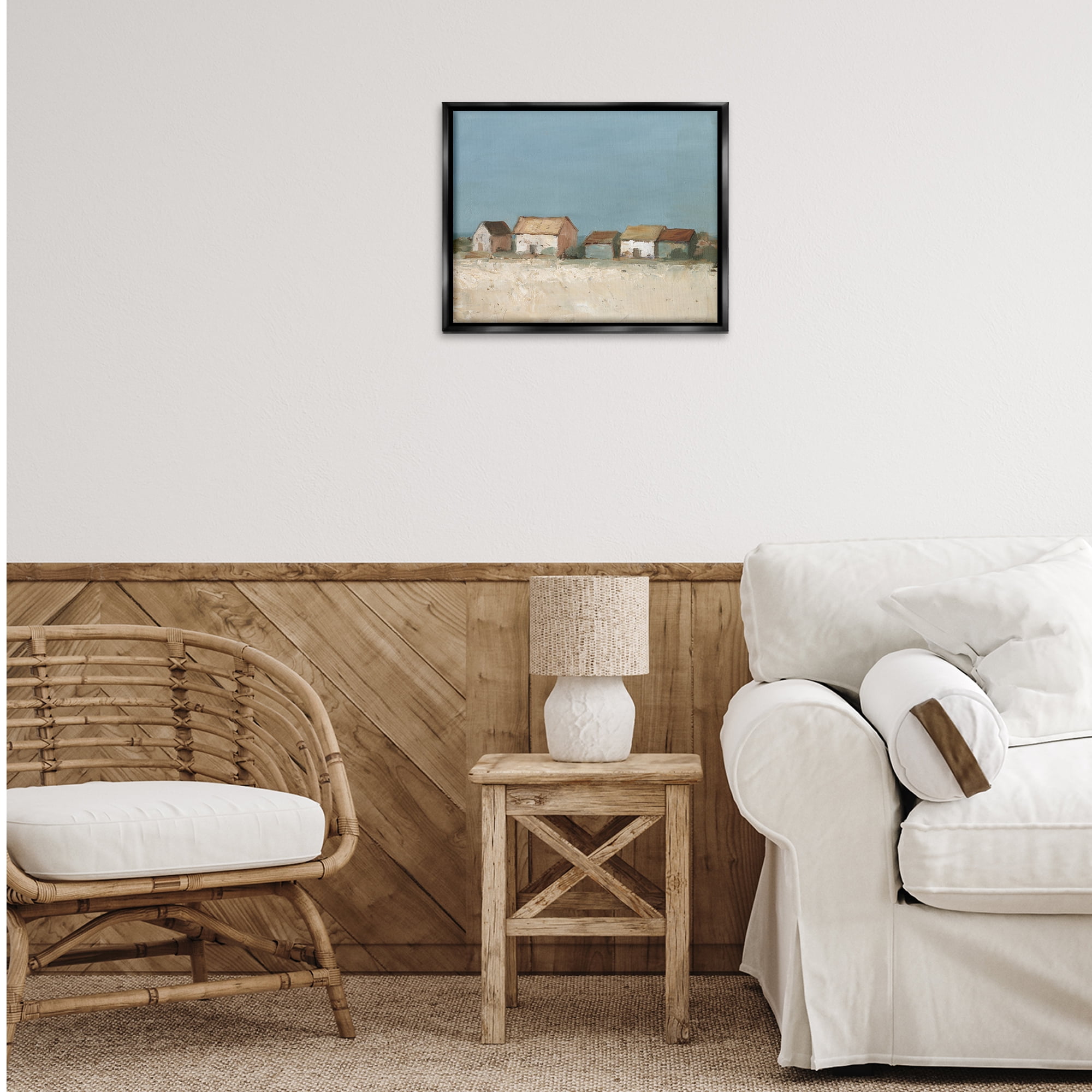 Stupell Industries Distant Town House Landscape & Nature Painting Black Floater Framed Canvas Art Print Wall Art, 21 x 17