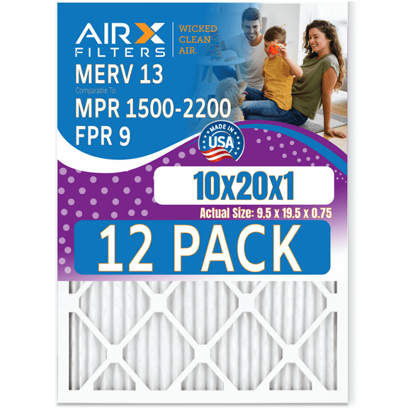 10x20x1 Air Filter MERV 13 Rating, 12 Pack of Furnace Filters Comparable to MPR 1500 - 2200 & FPR 9 - Made in USA by AIRX FILTERS WICKED CLEAN AIR.