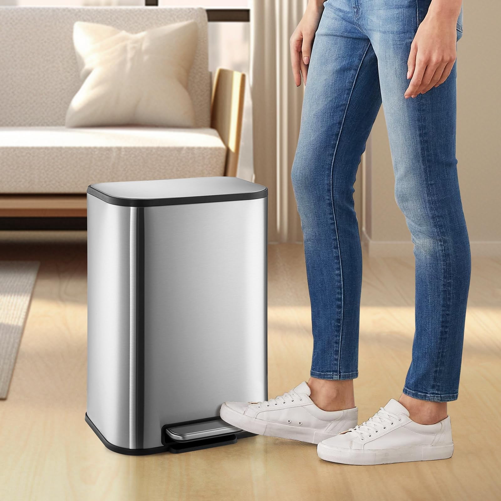 5.3 Gallon Stainless Steel Garbage Can, Small Rectangular Trash Can with Soft Close Lid Foot Pedal & Inner Bucket for Kitchen Home
