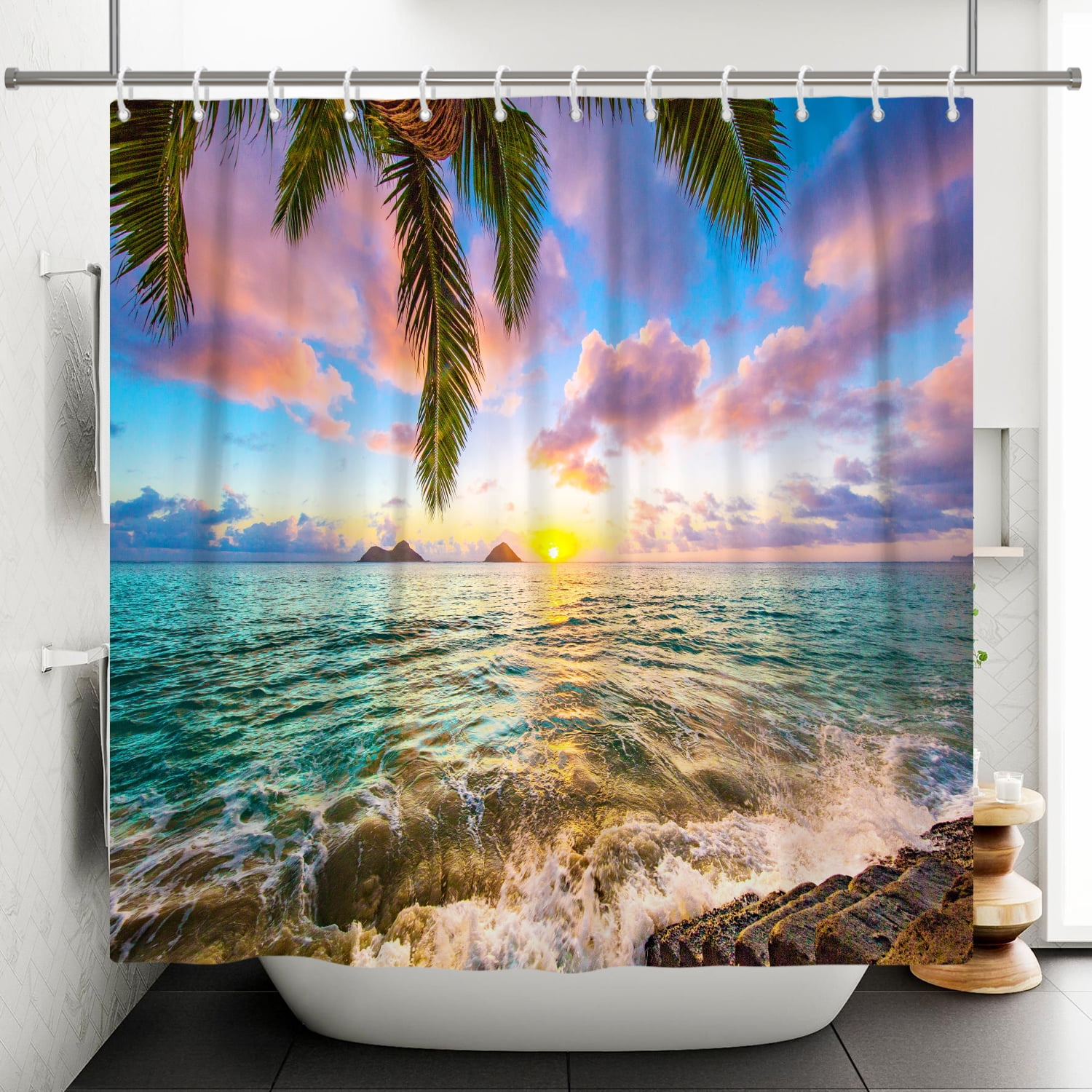 SUNOLIFE Ocean Sea Beach Shower Curtain Summer Hawaii Seaside Fabric Bathroom Curtain with Hooks,72x78 in