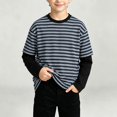 thumbnail image 2 of NEBWOAK Toddler Boys Striped Long Sleeve Shirt, Fake Two-Piece Crewneck Casual Base Layer Tee,Navy,Size 1, 2 of 8