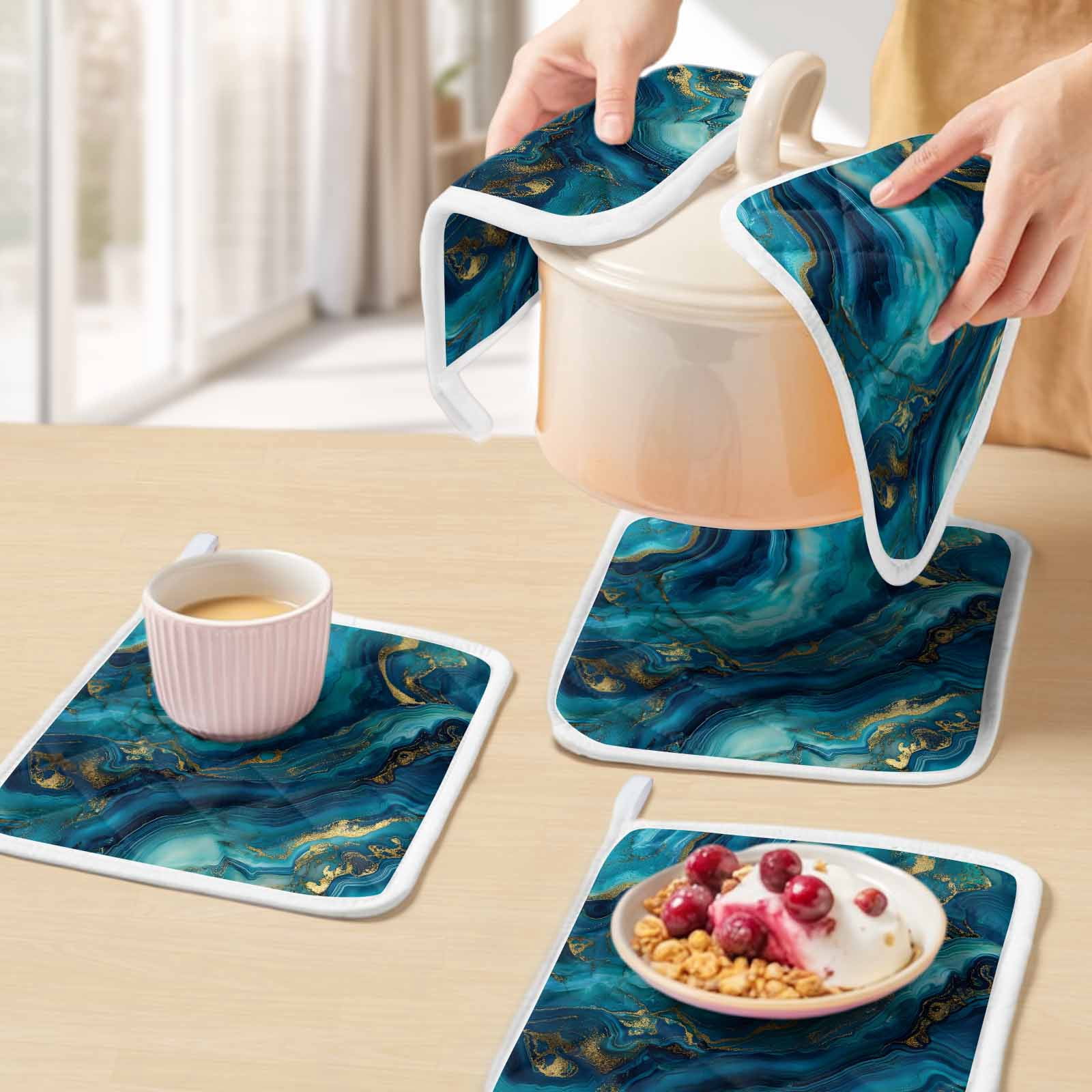 Teal Blue Marble Pot Holders for Kitchen Heatproof Potholder, 5 Pack Ink Painting Modern Abstract Yellow Hot Pads Multipurpose Oven Pads Cloth Potholders Trivet for Cooking Baking
