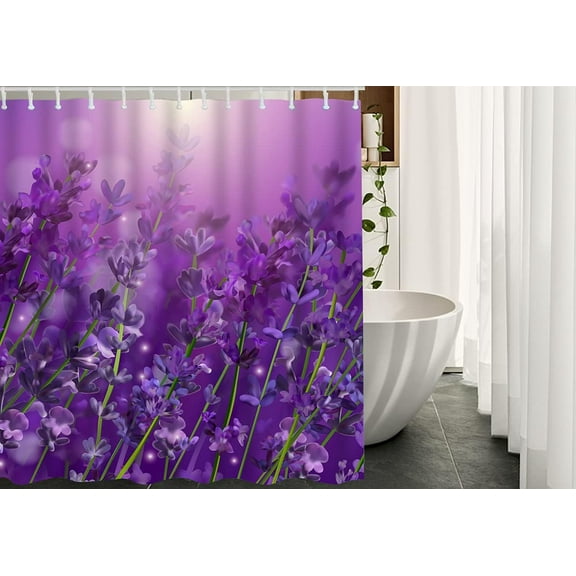 JOOCAR Violet Lavender Field Fabric Shower Curtain with Hooks Sunset Glitter Fragrant Flowers Bath Shower Curtain Polyester 72x72 Inch for Bathrooms Bathtubs Camping