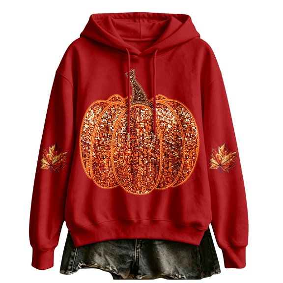 WEIWEN Halloween Hoodies for Women Trendy Sparkly Pumpkin Maple Leaf Graphic Long Sleeve Halloween Sweatshirt for Women Thanksgiving Outfit Hooded Tops Womens Fall Fashion Clothing Red, S
