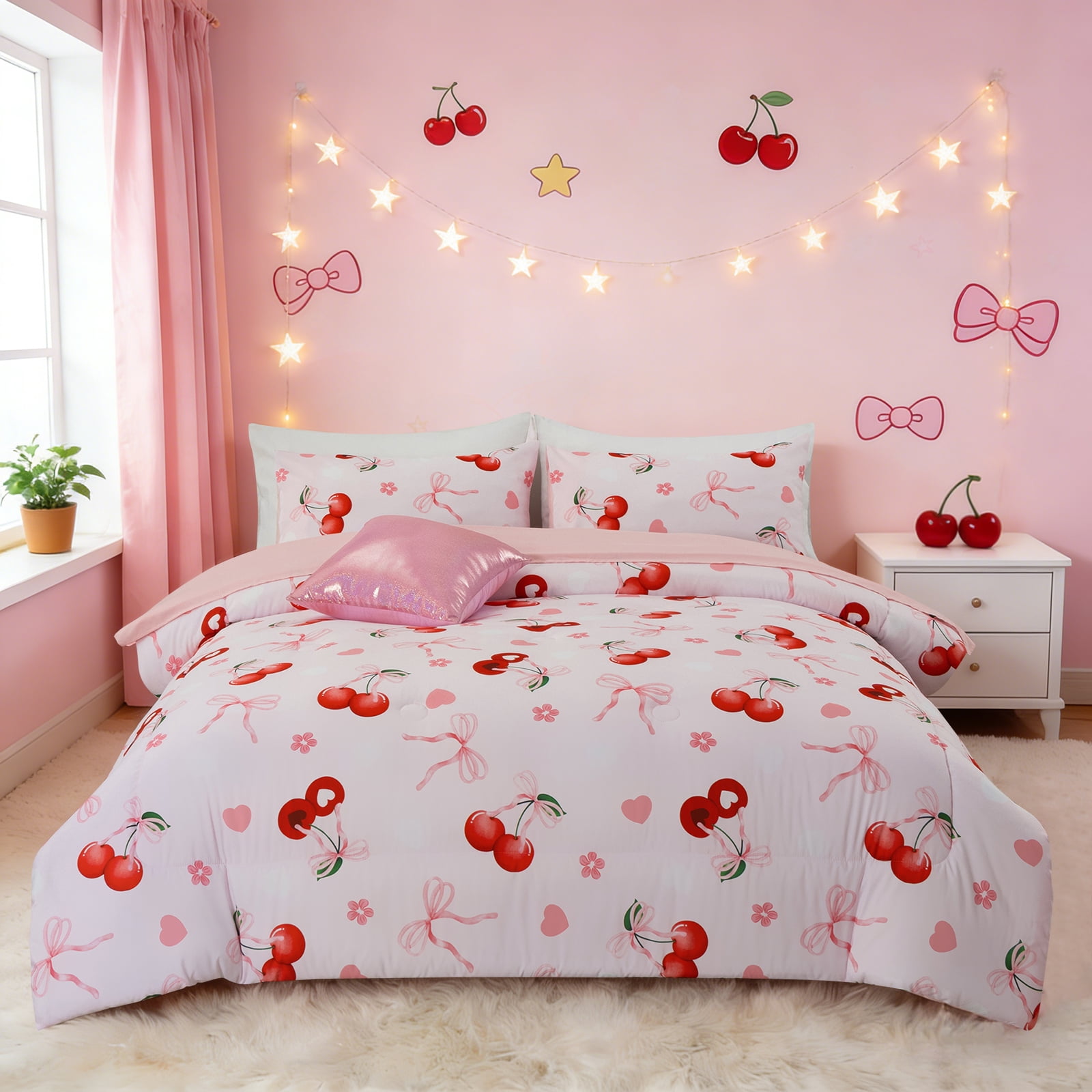 Btargot 6 Piece Bows Girls Twin Bedding Set Pink Cherry Love Hearts Flowers Girl Comforter Set