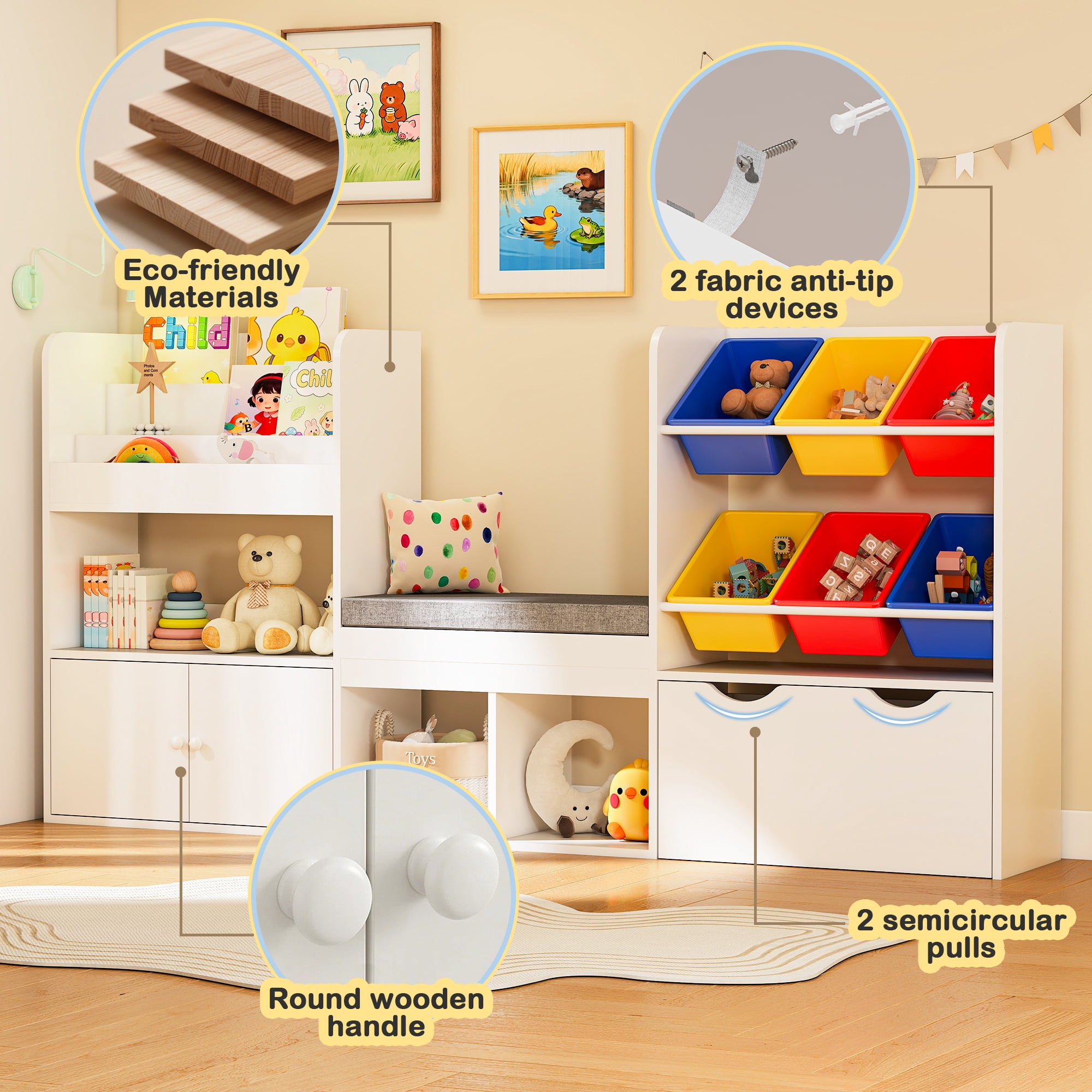 Reasea Kids Bookshelf with Reading Nook & Storage Bench, 73 Inch Toy Organizer with Movable Drawer & 6 Removable Bins, Montessori Reading Corner Furniture(Colorful Toy Bins)