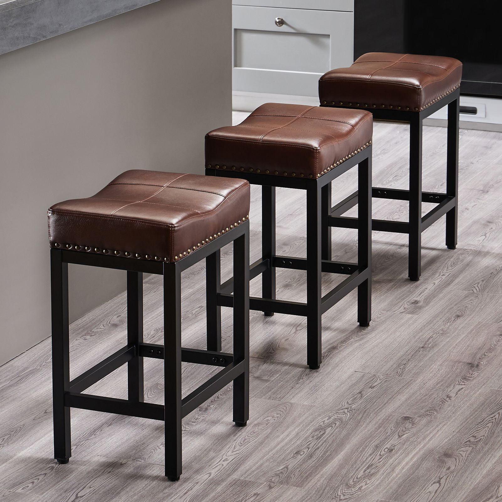 GIANNA Set of 4, Bar Stools 24 Inch - Stylish Counter Height Chairs, With Metal Bases and PU Leather Seats, For Kitchen Island, Brown