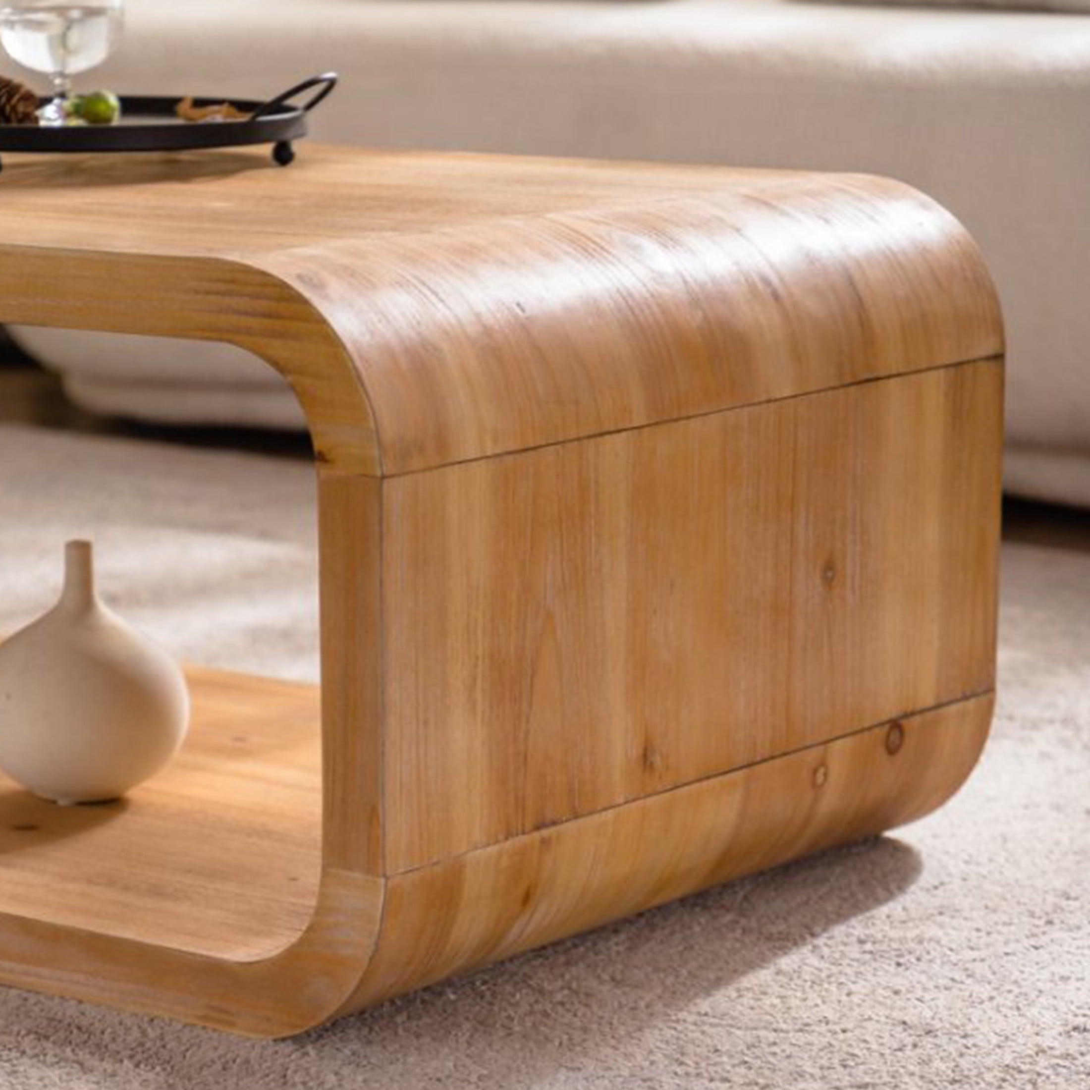 Noble House Dyani 47" Elegant Curved Coffee Table with Open Storage Shelf, for Contemporary Living Room, Natural Wood