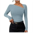 thumbnail image 1 of NINGMENG Womens Tops Solid Color Long Sleeve Slim Knit Asymmetrical Neckline Tops Pullover T Shirts Outwear,Blue,L, 1 of 7