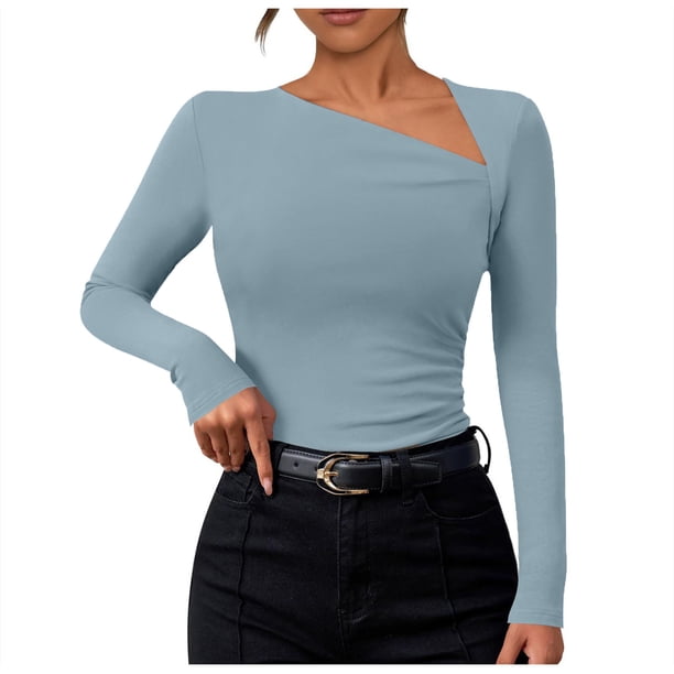 Top de punto de manga larga con escote asimétrico para mujer - Corte ajustado, diseño acanalado - Ropa informal/de fiesta - Mezcla de poliéster y spandex - Tallas S-XL