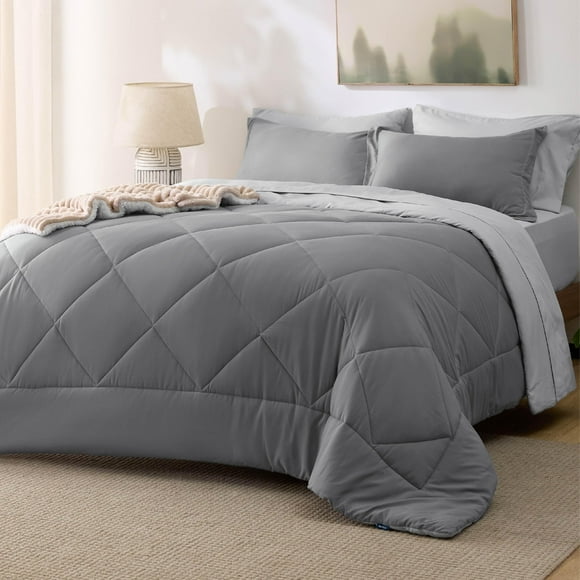 Juego de edredón Bedsure, tamaño queen, 7 piezas, reversible, gris
