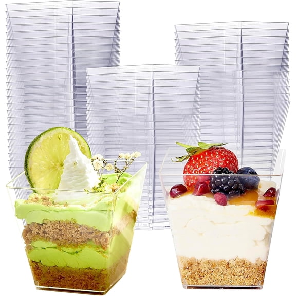 MATANA 48 Pack 8oz Square Dessert Cups 2.7 Inch - Reusable Clear Hard Plastic Appetizer Cups for Puddings, Mousses, Yogurt Parfaits, Trifles, Tiramisu, Cheesecakes, Party, Buffet, Wedding