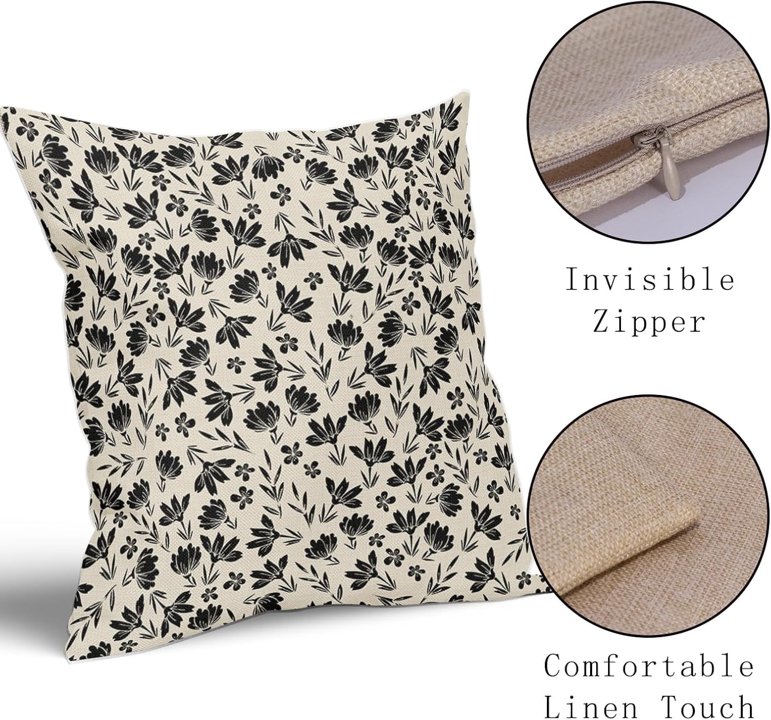 Vintage Flower Pillow Covers 18x18 Set of 2 Rustic Cute Small Floral Black Brown Old Style Decorative Throw Pillows Outdoor PillowCase Farmhouse Linen Cushion Case Decor for Home Sofa Couch Bed