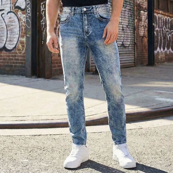 WPPGONE Denim Jeans for Men Vintage Straight Leg Washed Button Zipper Fashion Bottoms Outdoor Casual Summer Daily Trendy Trousers with Pockets
