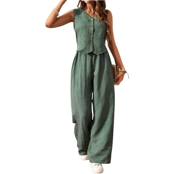 Women's 2-Piece Linen Blend Lounge Set: Sleeveless Cropped Vest & Wide Leg Pants - Summer Breathable Outfit