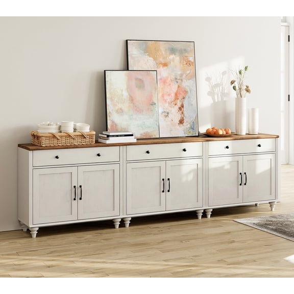 Credenza & Sideboard with 6 Doors & 4 Drawers, 101 Inch Modern Farmhouse Large Coffee Bar Buffet Cabinet, White Wooden Kitchen Storage Cabinet for Dining Room