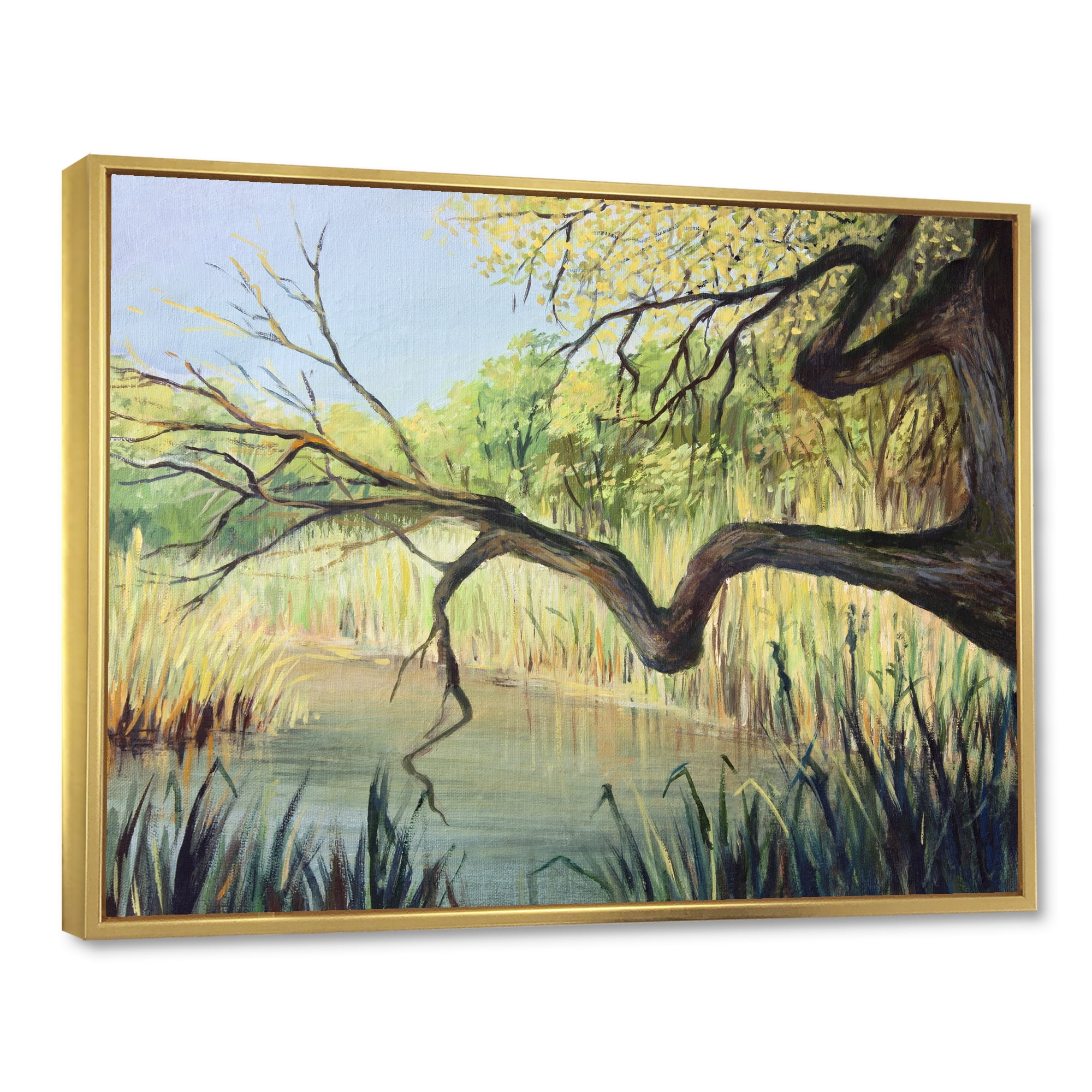 Designart 'The Lake of Silence From The Tree' Lake House Framed Canvas Wall Art Print