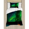 Northern Lights Twin Size Duvet Cover Set, Camping Tent under Magnetic Field Nature Picture, Decorative 2 Piece Bedding Set with 1 Pillow Sham, Lime Green Dark Blue Earth Yellow, by Ambesonne