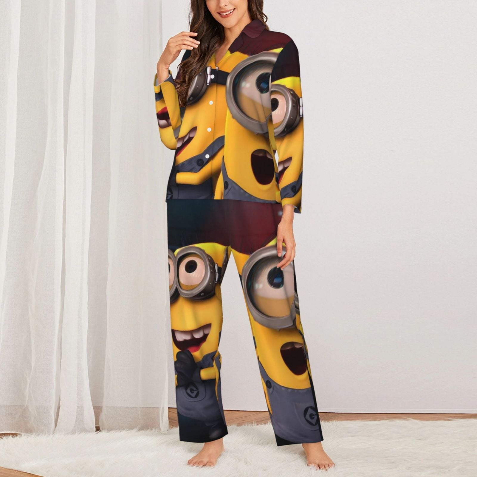Zufioo Minions Print Women's Pajamas Set Long Sleeve Shirts Long