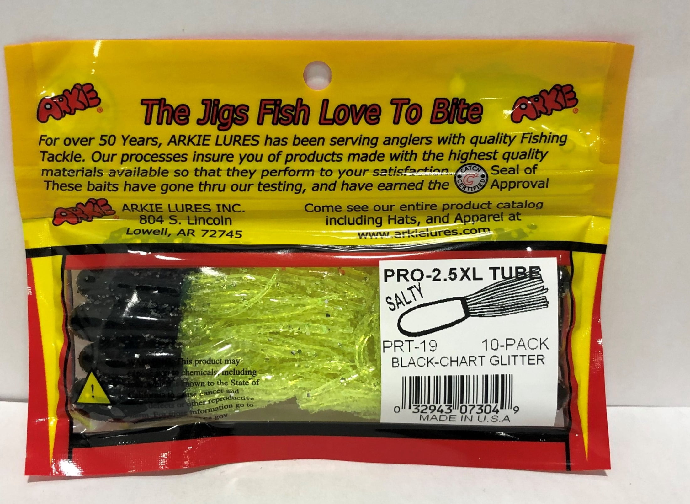 (3 pack) Arkie Lures 2.5 inch Pro Model Tube, Color Black/Chartreuse Glitter