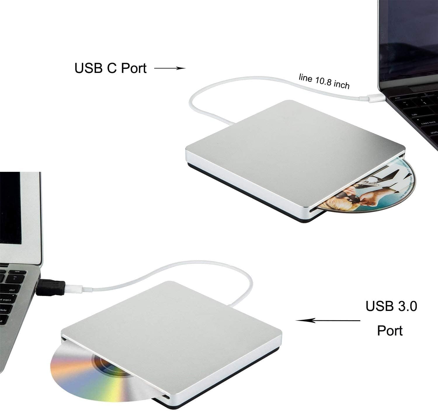 External CD DVD Drive USB C CD DVD Burner/Writer Ultra Slim Portable Slot in CD DVD Reader for MacBook Pro/Air/Mac/Laptop/Windows10 (Silver)