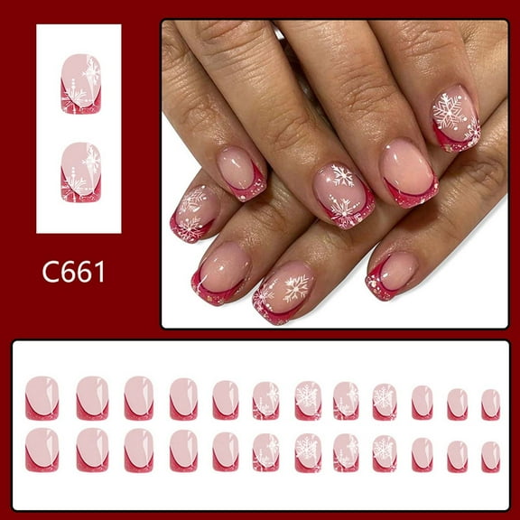 FSTDelivery Christmas Red & Nude Press on Nails,Short Square Fake Nails Snowflakes Acrylic Glitter Glue on Nails,Reusable Winter Xmas False Nails for Women Girls Holiday Manicure Daily Wear 24pcs