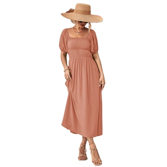 Women's Off Shoulder Puff Sleeve Maxi Dress Smocked Bodice Ninety Five % Polyester And Five % Spandex Casual Fabric