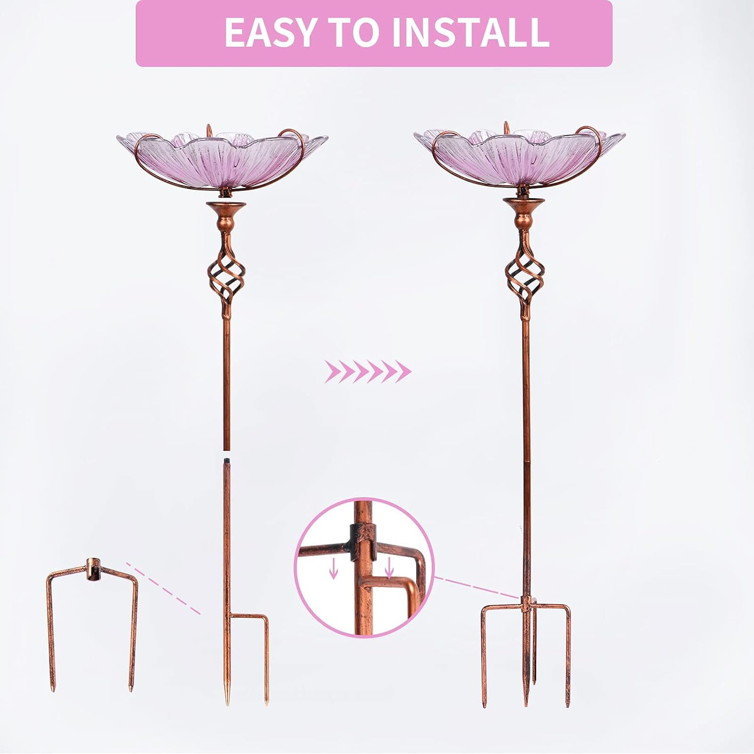 MUMTOP 31 Inch Height Glass Birdbath Birdfeeder with Metal Stake Garden Yard Outdoor Pink