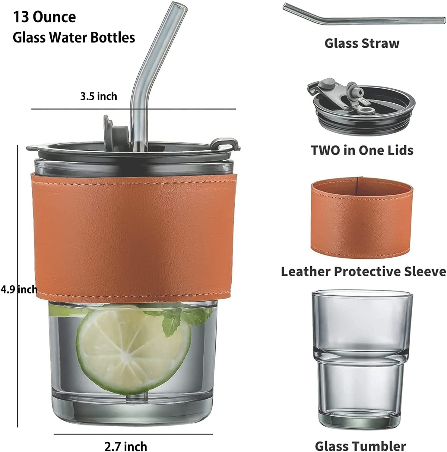13oz/400ml Tumbler Water Glass, Water Bottle With Straw And Lid Sealed  Carry On, Glass Coffee Mug Iced Tea Cup Thick Wall Insulated Glass Cup  (gray)