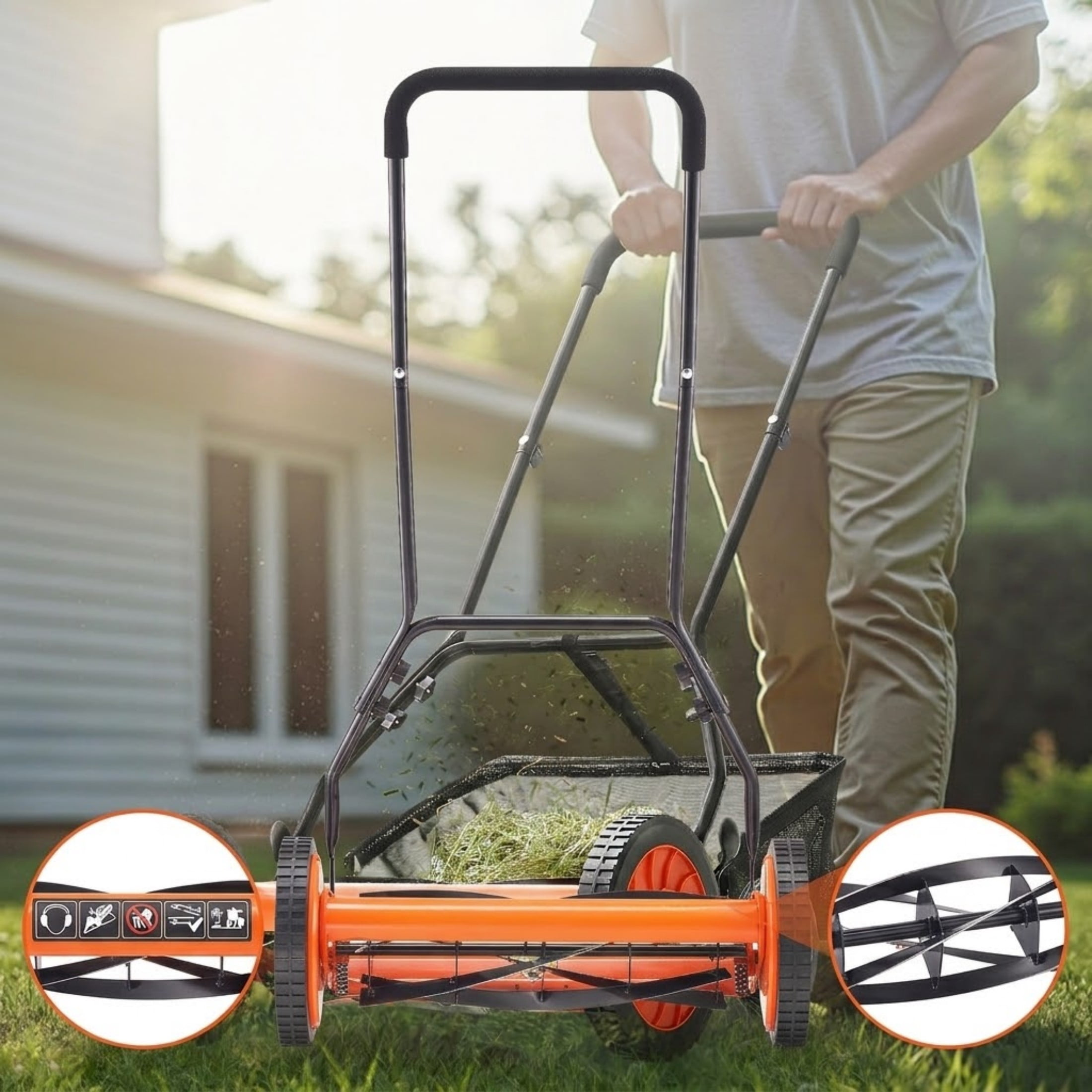 JUVOCT 18-Inch 5-Blade Push Reel Lawn Mower, Manual Walk-Behind Mower with Grass Catcher and Adjustable Height