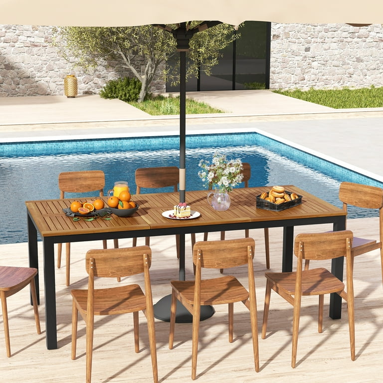 Costway 79 Acacia Wood Patio Table 8 Person Outdoor Dining Table with Umbrella Hole