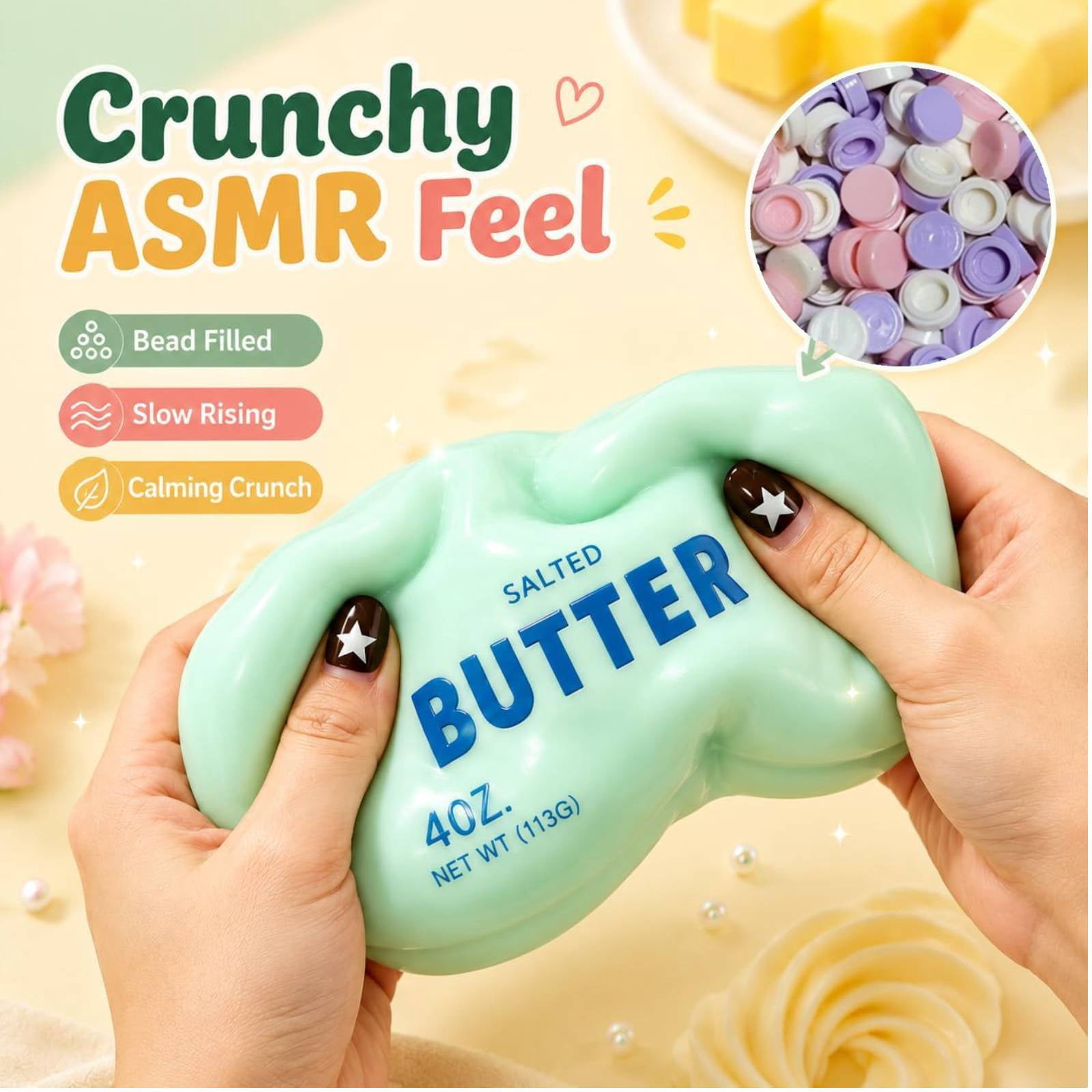 Crunchy Butter Squishy Asmr Bead Filled, Slow Rising Squeeze | Crunchy Butter Squishies Realistic Food Stress Stick Rebound Calming Desk Decor Favor Gifts for Adults(Yellow Butter)