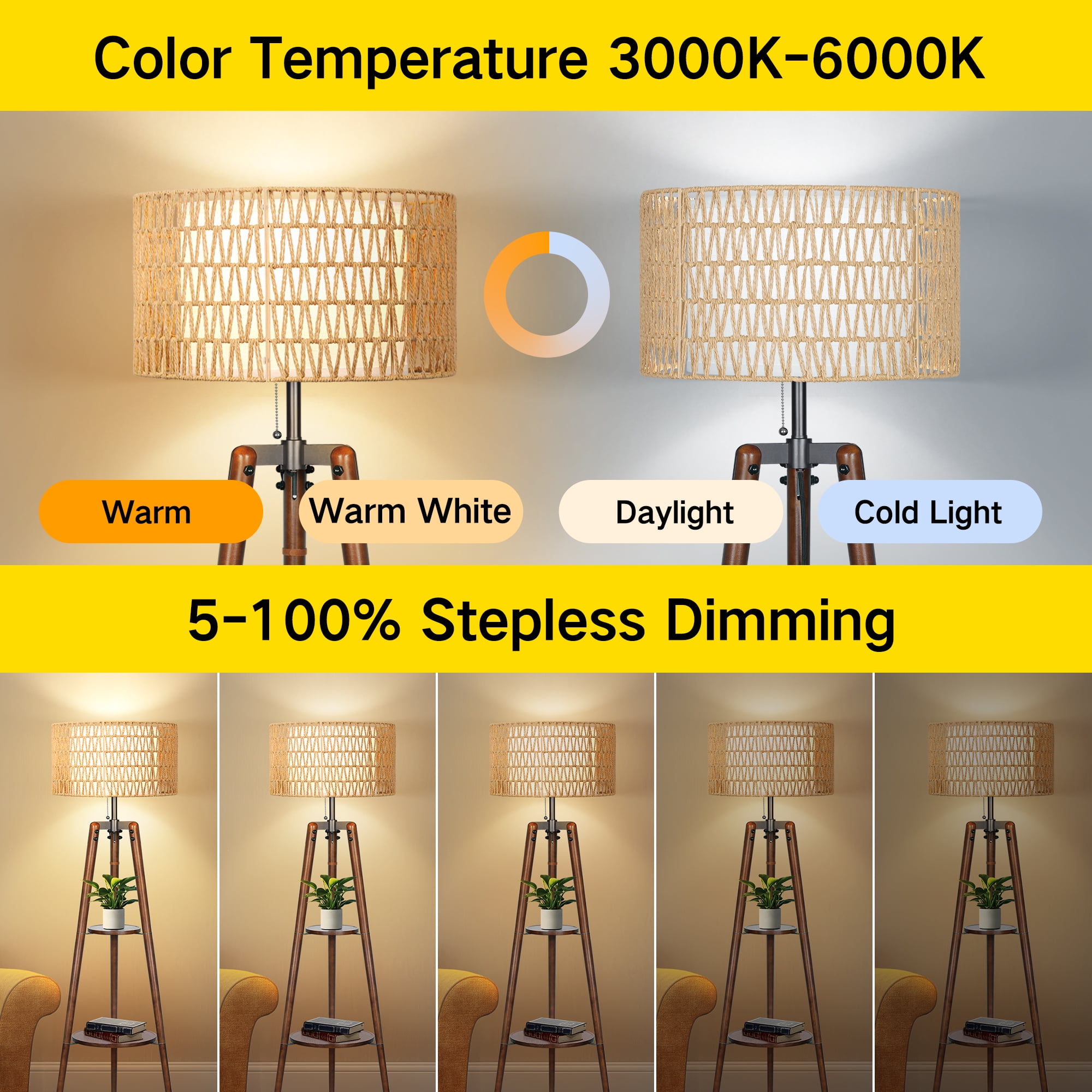 OUTON Boho Rattan Tripod Floor Lamp with Shelves, Dimmable Standing Lamp with Remote Control,Wood Tall Floor Lamps for Living Room Bedroom Office Farmhouse (Bulb Included)