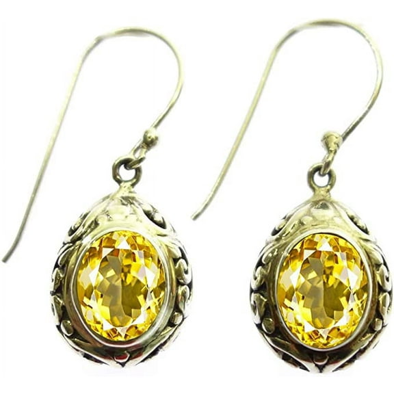Tibetan Silver 925 Sterling Silver Citrine Drop Earring for Women Handmade Balinese Tribal Jewelry