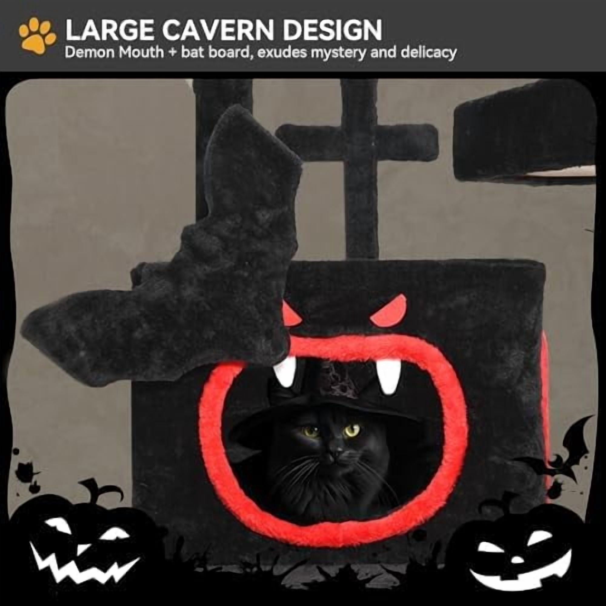 Gothic Cat Tree with Coffin Bed, 63" Tall Cat Tower for Indoor Cats with Top Perch, Spacious Cat Condos, Spider Hanging Balls,Comfy Hammock, Scratching Post and Ladder, Black Halloween