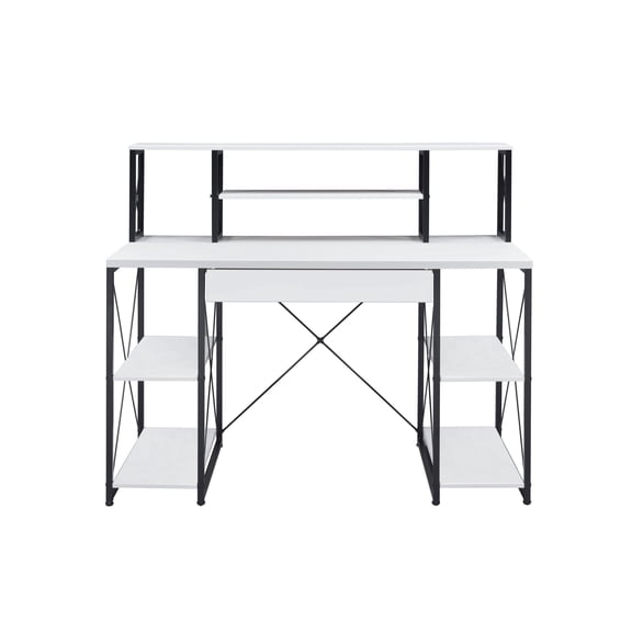 Writing Desk in White Finish with Drawers and Open Shelves, Wood Computer Desk Workstation for Home Office Study Room, Modern Style