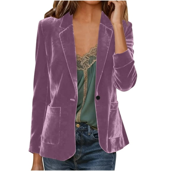 Cropped Jacket Sevevn Women's Velvet Blazer Jacket Lapel Long Sleeve V Neck Suit Coat