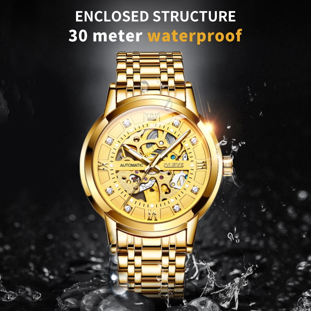 OLEVS Skeleton Watches for Mens Automatic Mechanical self Winding Diamond Luxury Business Dress Stainless Steel Waterproof Luminous Mens Wrist Watches Reloj Para Hombre Blue/White/Black/Gold Dial