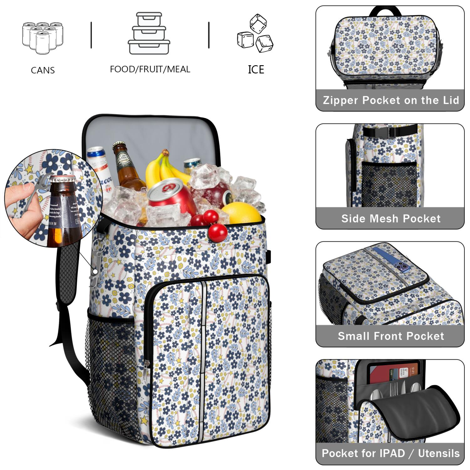 Travel Cooler Bag - Blue Baseballs with Yellow Flowers Pattern Camping Beer Cooler Backpack with Bottle Opener- Waterproof Insulated Picnic Backpacks - Cooler Bag for Beach