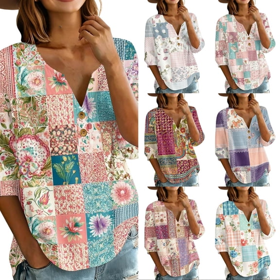 Women's Patchwork Floral 3/4 Sleeve Blouse - V-Neck Button Down Boho Tunic Top, Lightweight Casual Loose Fit Shirt for Spring Summer Pink L