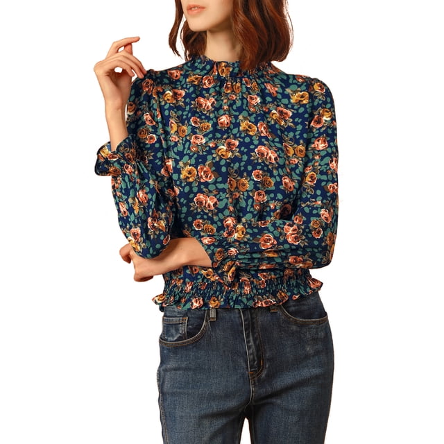 INSPIRE CHIC Women's Smocked Waist Ruffled Hem Stand Collar Floral Dotted Blouse