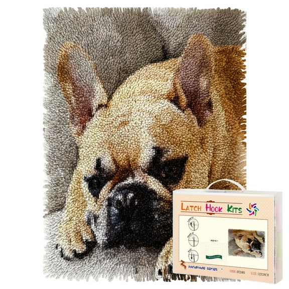 Latch Hook Rug Kit Cute French Bulldog Pre-printed Handmade Carpet Crochet Yarn Craft DIY Hook and Latch Door Mat Tapestry for Home Floor Decoration 52x38cm-1