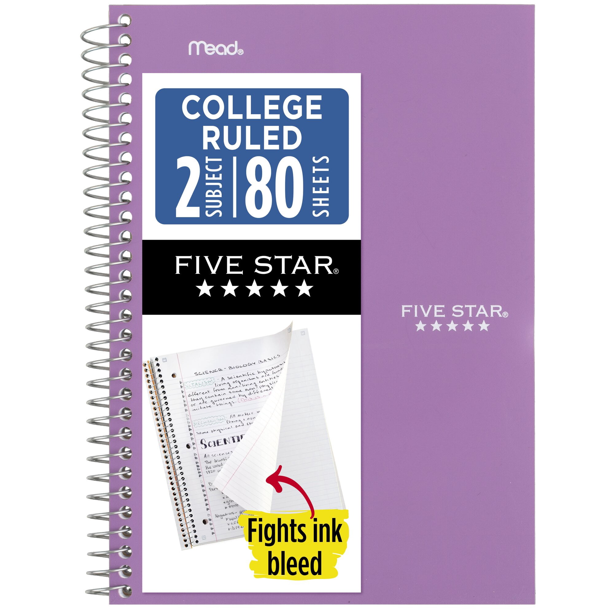 Five Star Spiral Notebook, 2 Subject, College Ruled, 6
