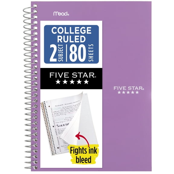 Five Star Spiral Notebook, 2 Subject, College Ruled, 6" x 9.5", Amethyst Purple