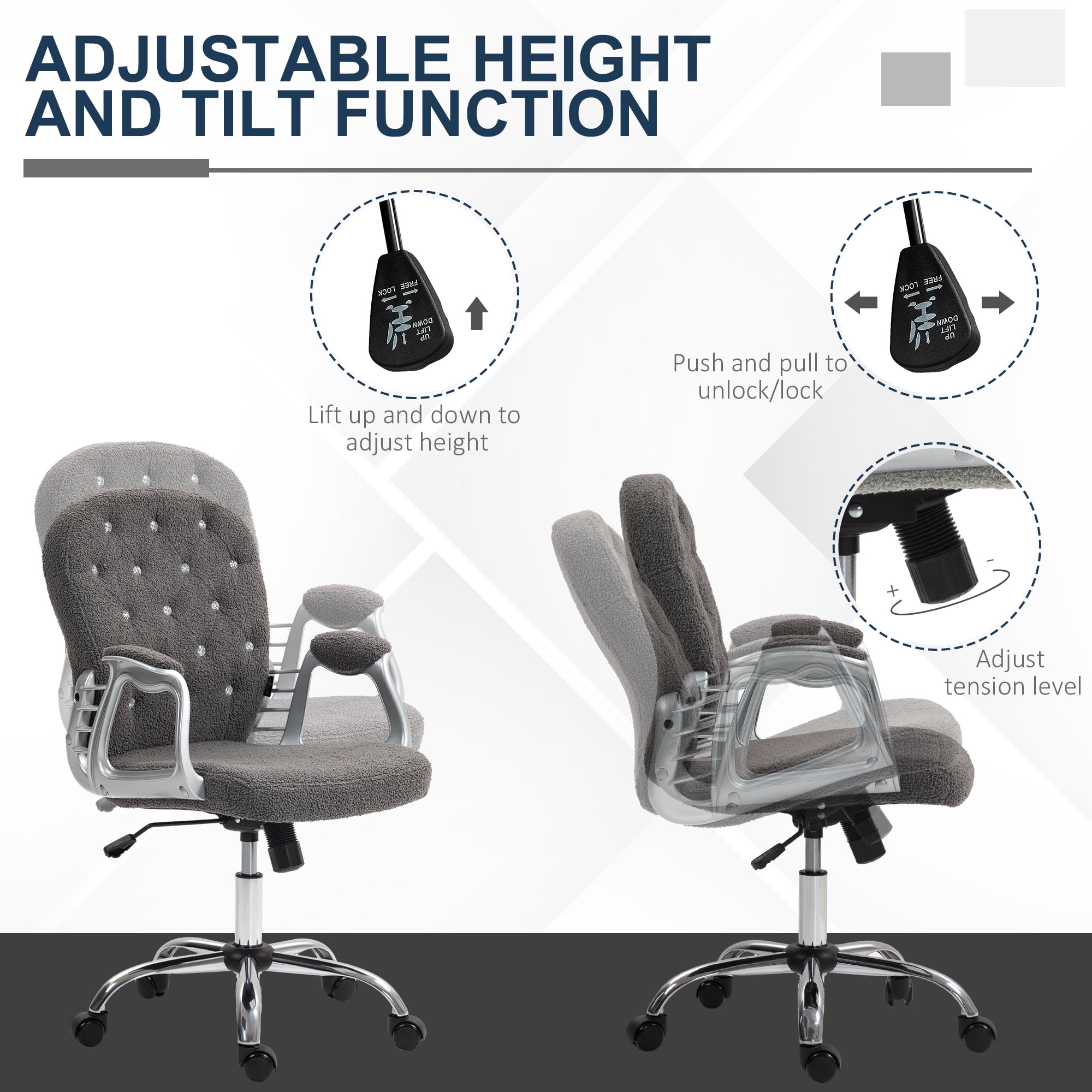 Teddy Fleece Home Office Chair, Button Tufted Desk Chair with Padded Armrests, Adjustable Height and Swivel Wheels, Dark Gray