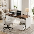 thumbnail image 4 of 60 Inch Modern Fluted Executive Office Desk, Wooden Computer Writing Desk with Charging Station & File Drawers for Home Office, 4 of 8