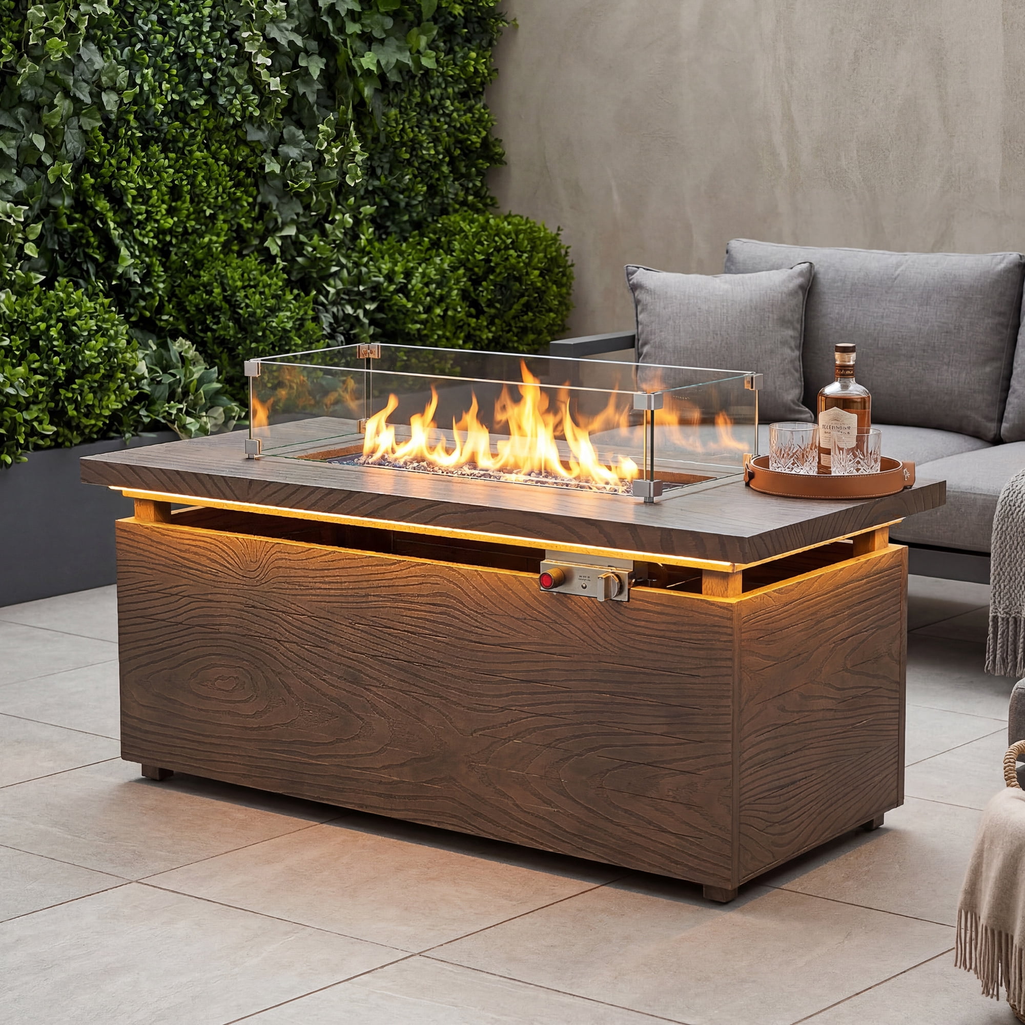 51 in. Propane Rectangular Fire Pit Table with LED Light, 50,000 BTU Coating Steel Tabletop Fire Pit (Brown Wood Grain)