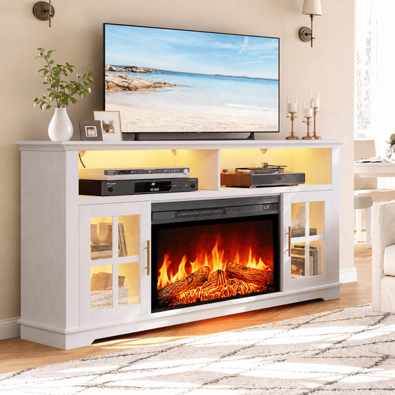 UHOMEPRO 63 Inch Electric Fireplace TV Stand for TVs up to 70 Inch, Fireplace Entertainment Center with 30 Inch Fireplace, LED Lights, Modern TV Console Table for Living Room, White