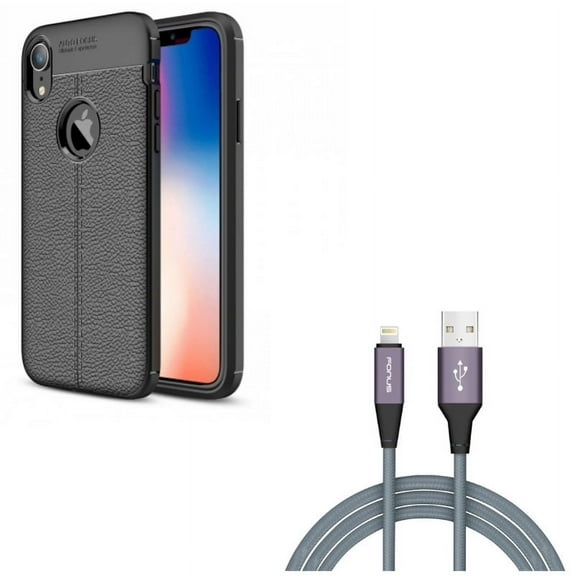 10ft USB Cable w Case for iPhone XR - Charger Cord Power Wire Braided Long, PU Leather Slim Fit Cover Reinforced Bumper Shock Absorbent Compatible With iPhone XR